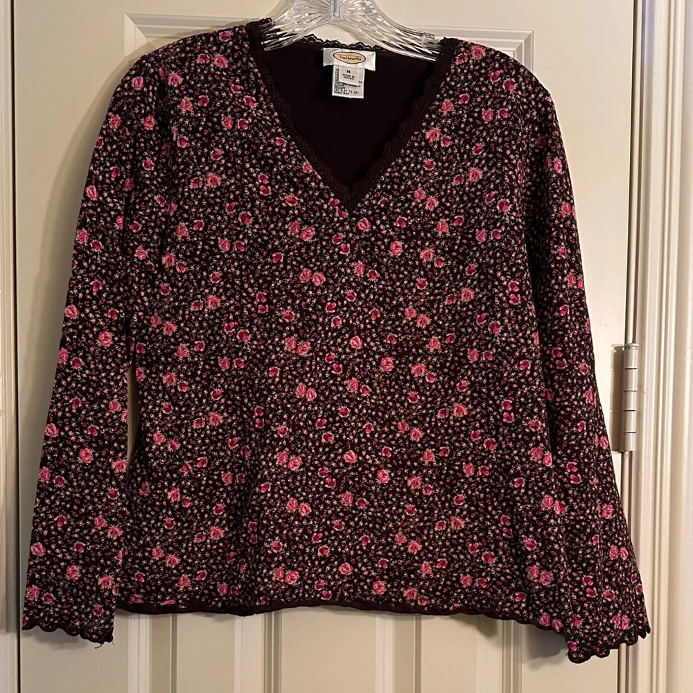 Brown Talbots Top with Rose Design - Picture 1 of 9